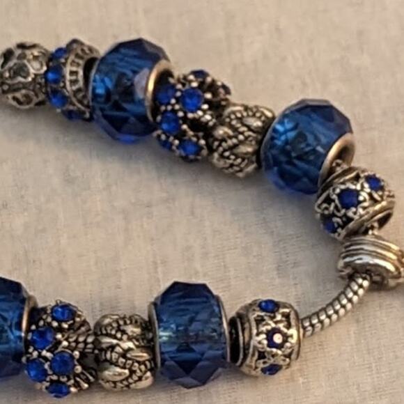 Charm Bracelet With Blue Crystal Beads in Silver Tone Metal with Safety Chain - Picture 5 of 13